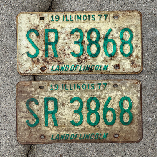 Photo of a 1977 Illinois License Plate Pair Auto Tag Garage Decor Vintage SR 3868 with original patina