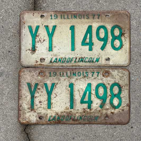 Photo of a 1977 Illinois License Plate Pair Auto Tag Garage Decor Vintage YY 1498 with original patina