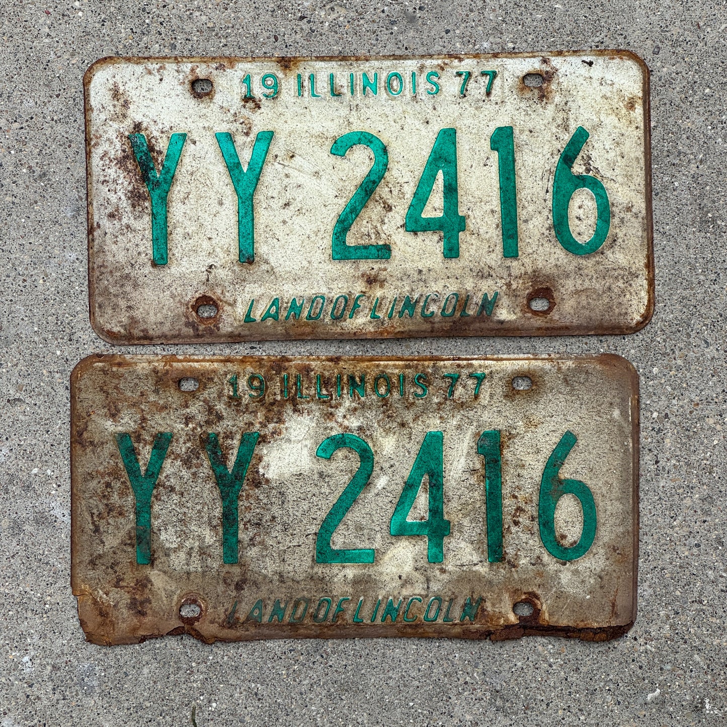 Photo of a 1977 Illinois License Plate Pair Auto Tag Garage Decor Vintage YY 2416 with original patina