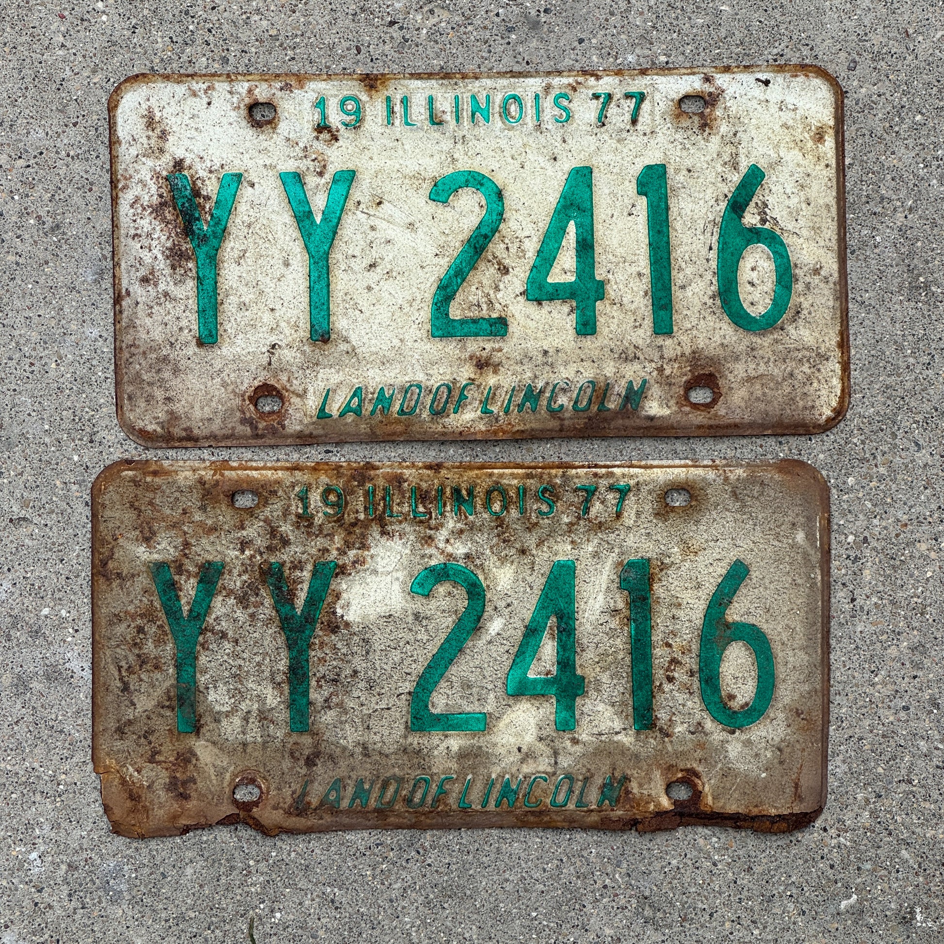 Photo of a 1977 Illinois License Plate Pair Auto Tag Garage Decor Vintage YY 2416 with original patina
