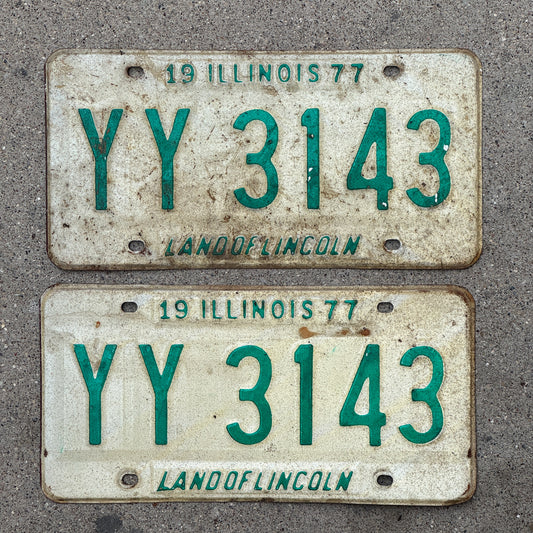 Photo of a 1977 Illinois License Plate Pair Auto Tag Garage Decor Vintage YY 3143 with original patina