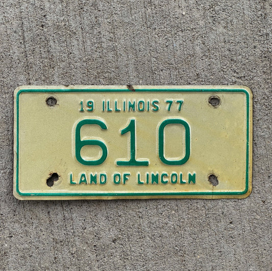 Photo of a 1977 Illinois Motorcycle License Plate Auto Tag Garage Decor Vintage Low Number Three Digit 610 with original patina