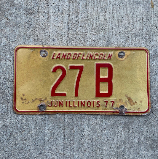 Photo of a 1977 Illinois Truck License Plate Auto Tag Garage Decor Vintage Low Number Two Digit 27 B with original patina