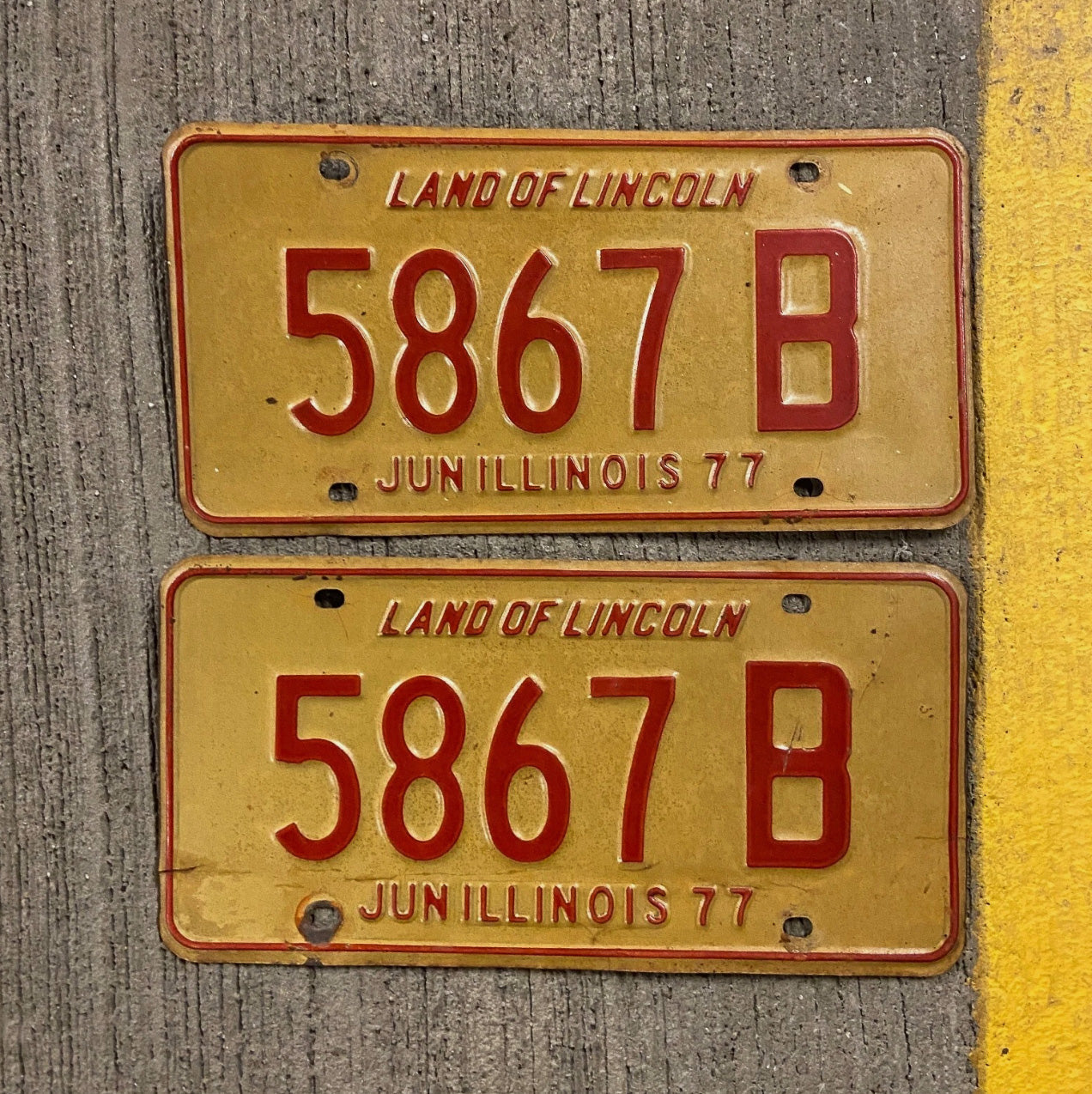 Photo of a 1977 Illinois Truck License Plate Pair Auto Tag Garage Decor Vintage 5867 B with original patina
