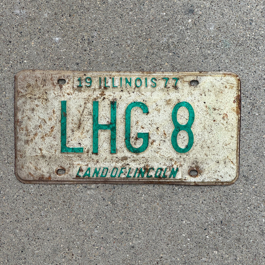Photo of a 1977 Illinois Vanity License Plate Auto Tag 2 Vintage Garage LHG 8 with original patina