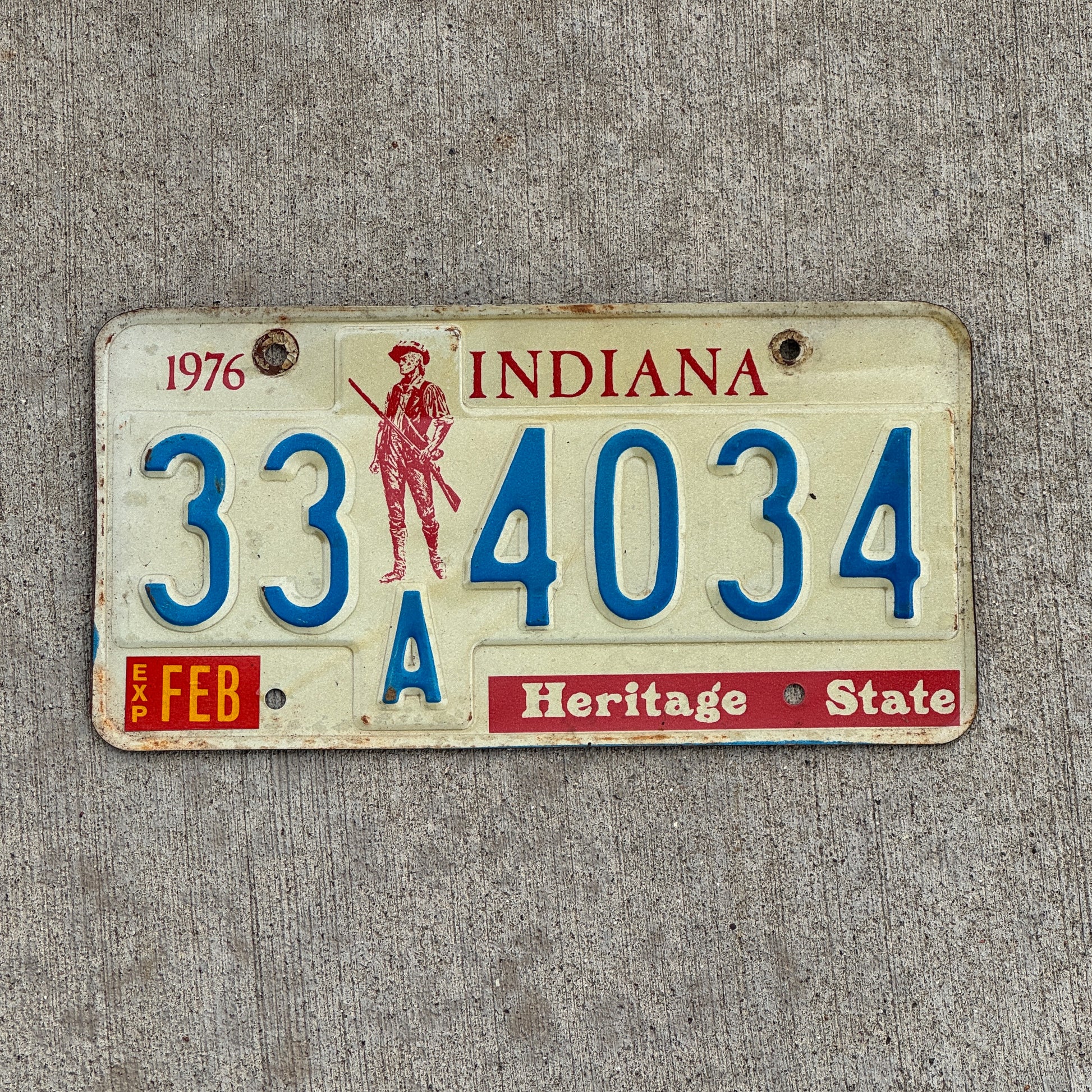 Photo of a 1977 Indiana License Plate Auto Tag Garage Decor Vintage 33 A 4034 with original patina