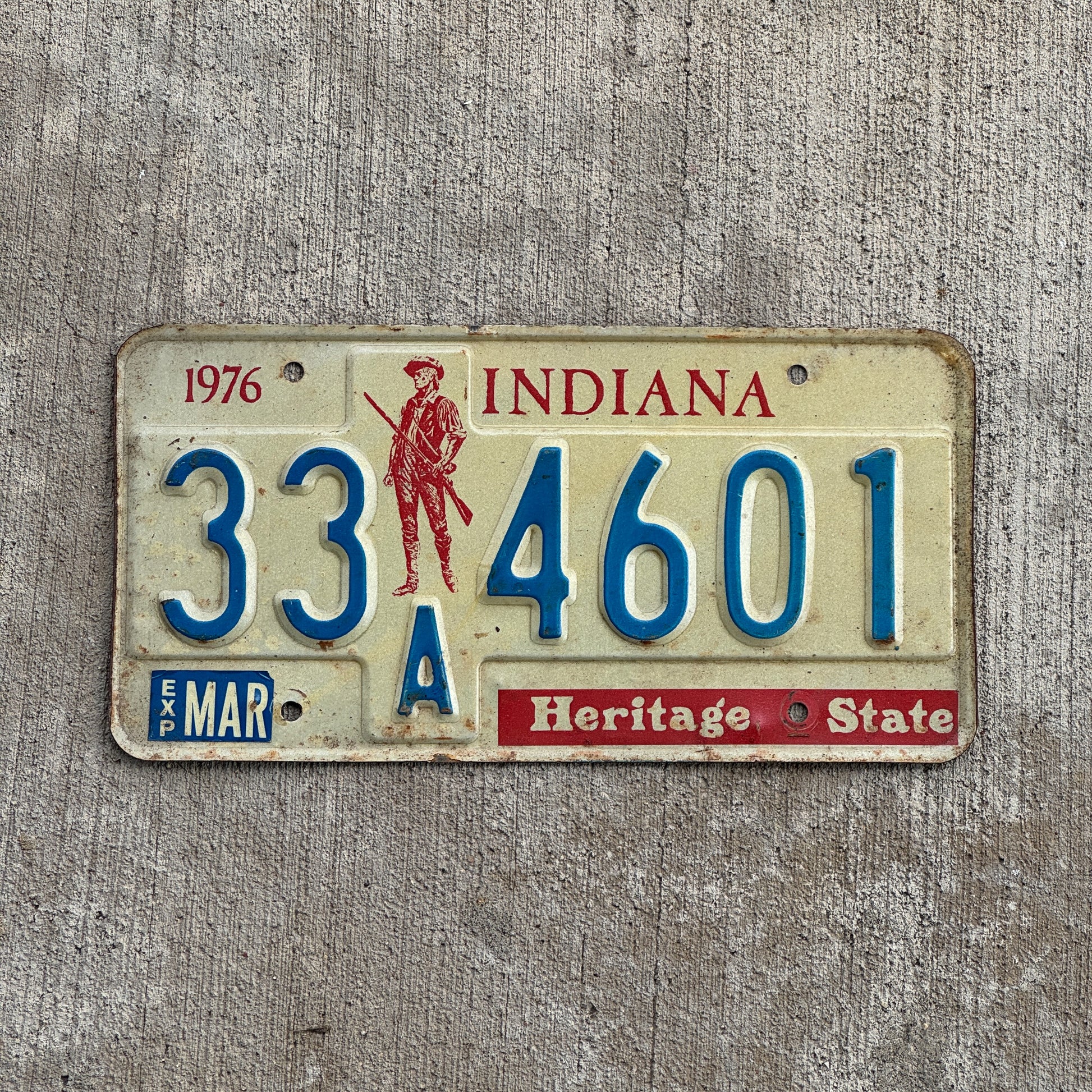 Photo of a 1977 Indiana License Plate Auto Tag Garage Decor Vintage 33 A 4601 with original patina