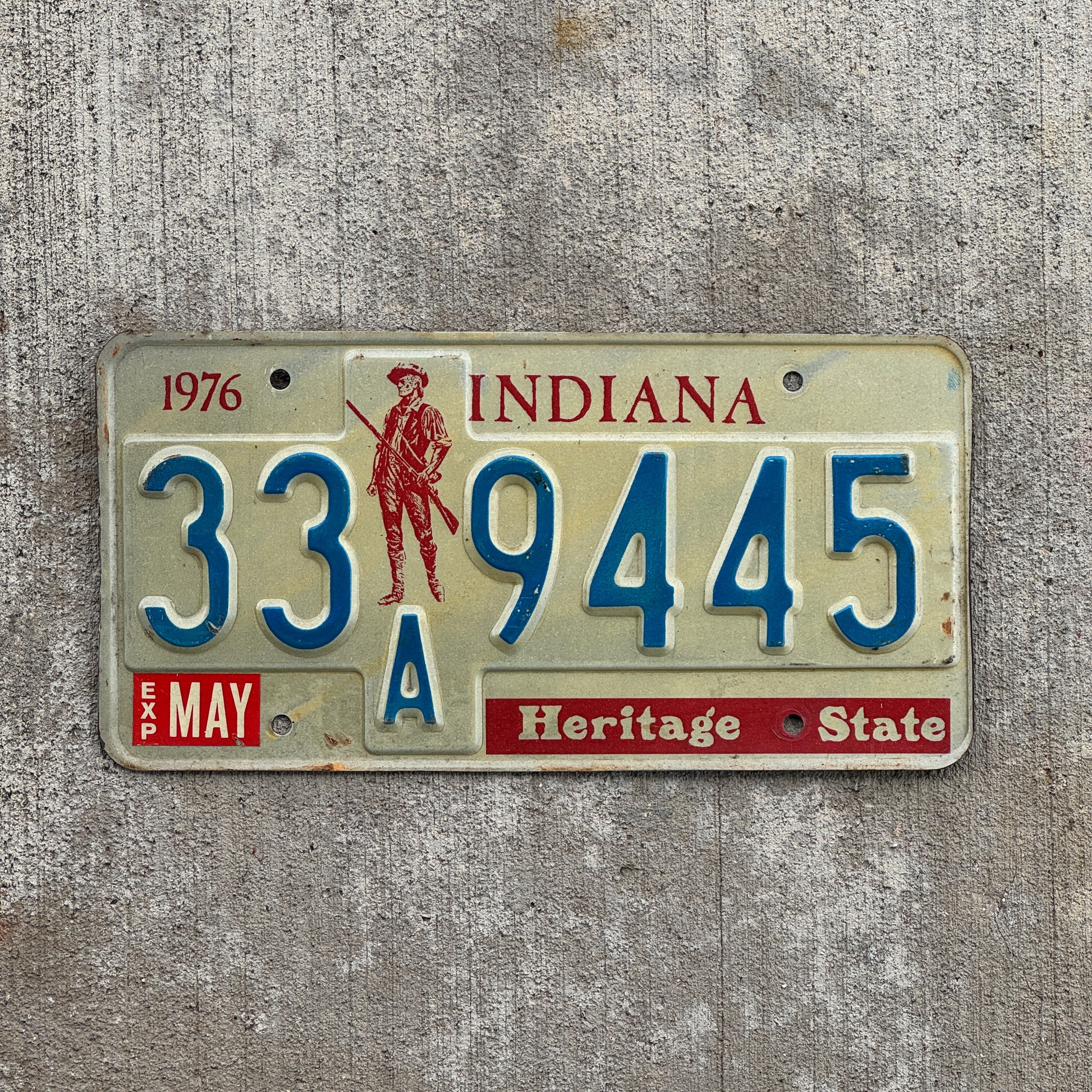 Photo of a 1977 Indiana License Plate Auto Tag Garage Decor Vintage 33 A 9445 with original patina