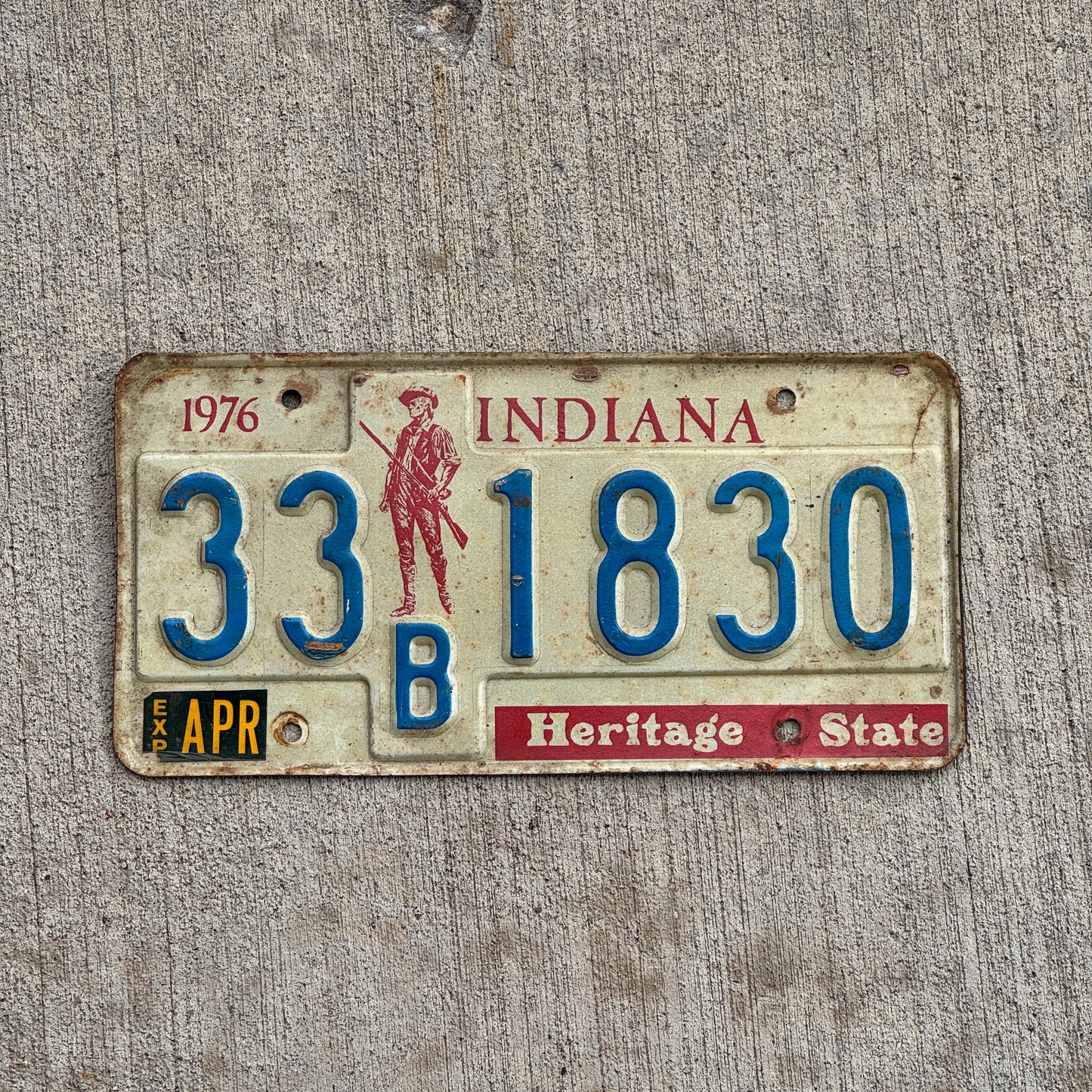Photo of a 1977 Indiana License Plate Auto Tag Garage Decor Vintage 33 B 1830 with original patina