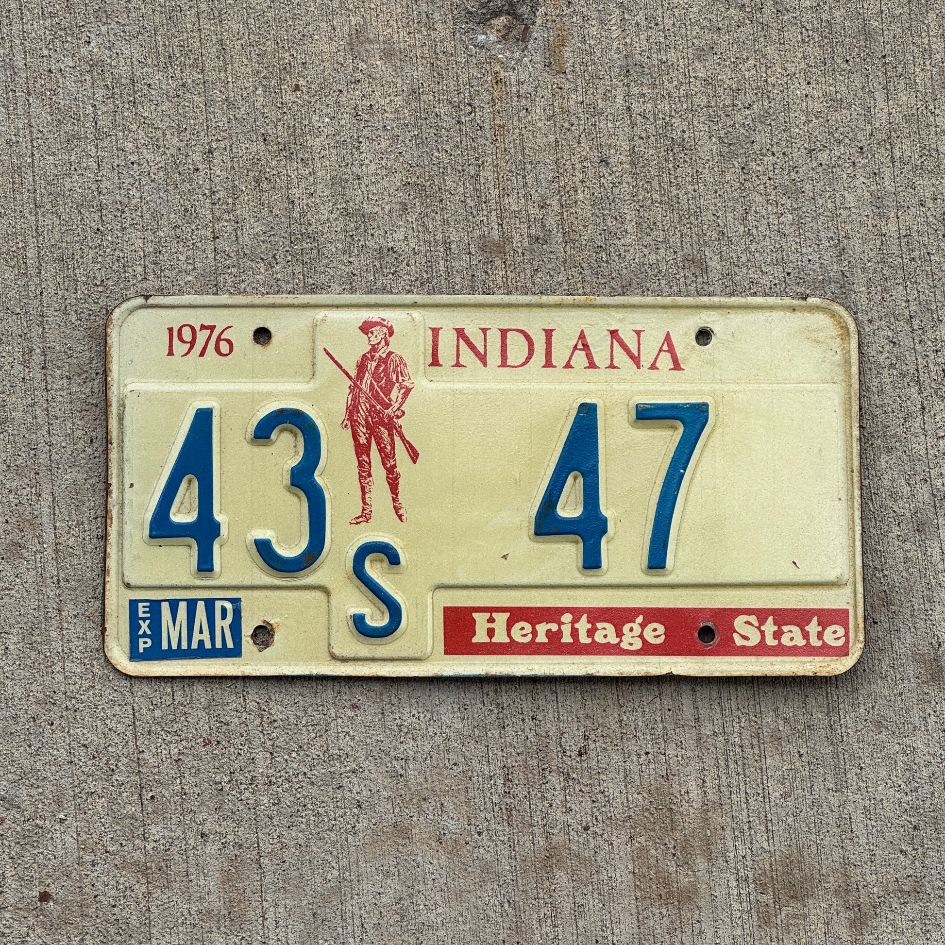 Photo of a 1977 Indiana License Plate Auto Tag Garage Decor Vintage 43 S 47 with original patina