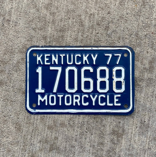Photo of a 1977 Kentucky Motorcycle License Plate Auto Tag Garage Decor Vintage 170688 with original patina