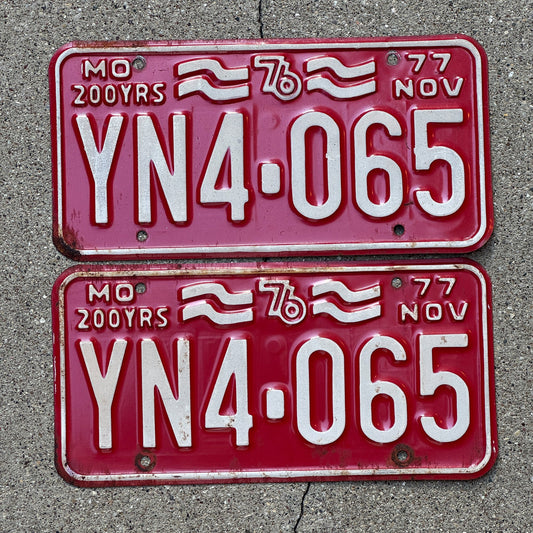 Photo of a 1977 Missouri License Plate Pair Auto Tag Garage Decor Vintage YN 4065
