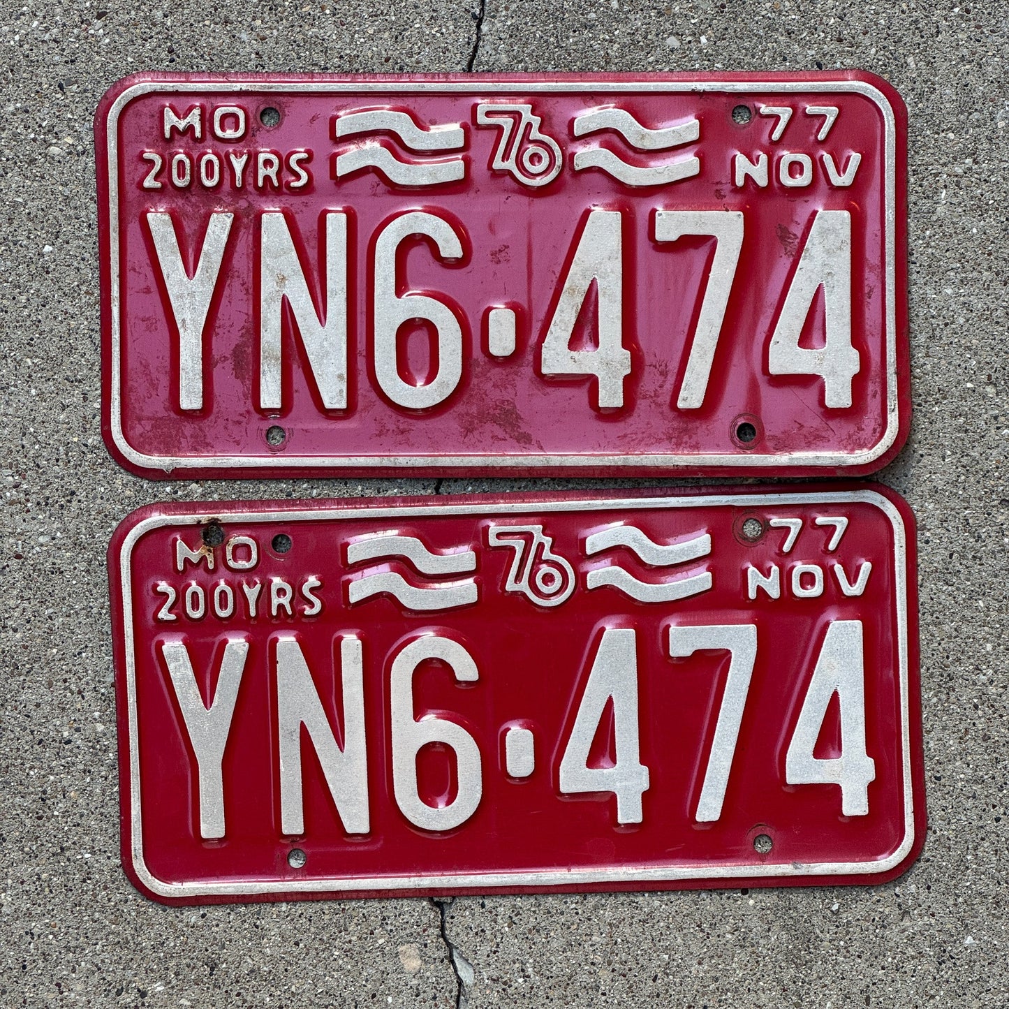 Photo of a 1977 Missouri License Plate Pair Auto Tag Garage Decor Vintage YN 6474