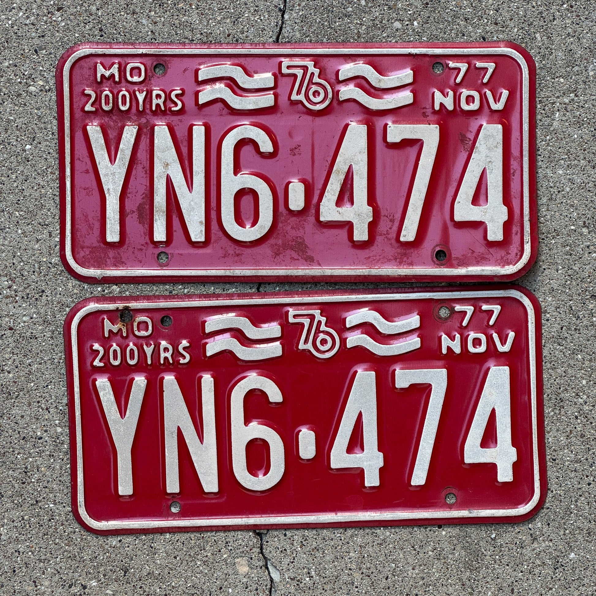 Photo of a 1977 Missouri License Plate Pair Auto Tag Garage Decor Vintage YN 6474