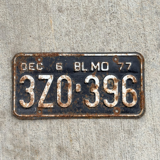 Photo of a 1977 Missouri Truck License Plate Auto Tag Garage Decor Vintage 3 ZO 396 with original patina