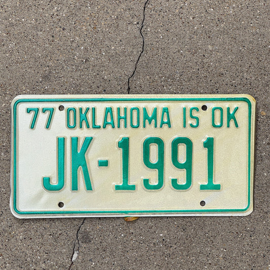 Photo of a 1977 Oklahoma License Plate Auto Tag Garage Decor Vintage Birth Year JK 1991 with original patina