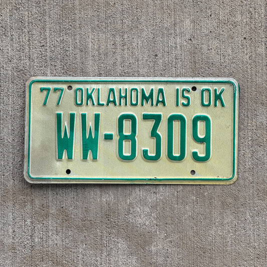 Photo of a 1977 Oklahoma License Plate Auto Tag Garage Decor Vintage WW 8309 with original patina