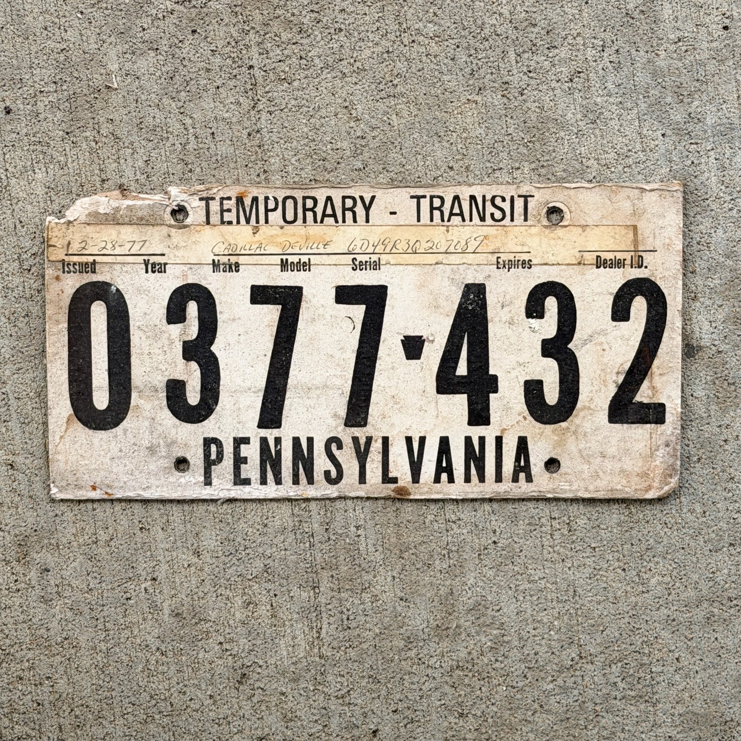 Photo of a 1977 Pennsylvania Temporary License Plate Auto Tag Garage Decor Vintage Fiberboard 0377 432 with original patina
