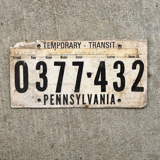 Photo of a 1977 Pennsylvania Temporary License Plate Auto Tag Garage Decor Vintage Fiberboard 0377 432 with original patina