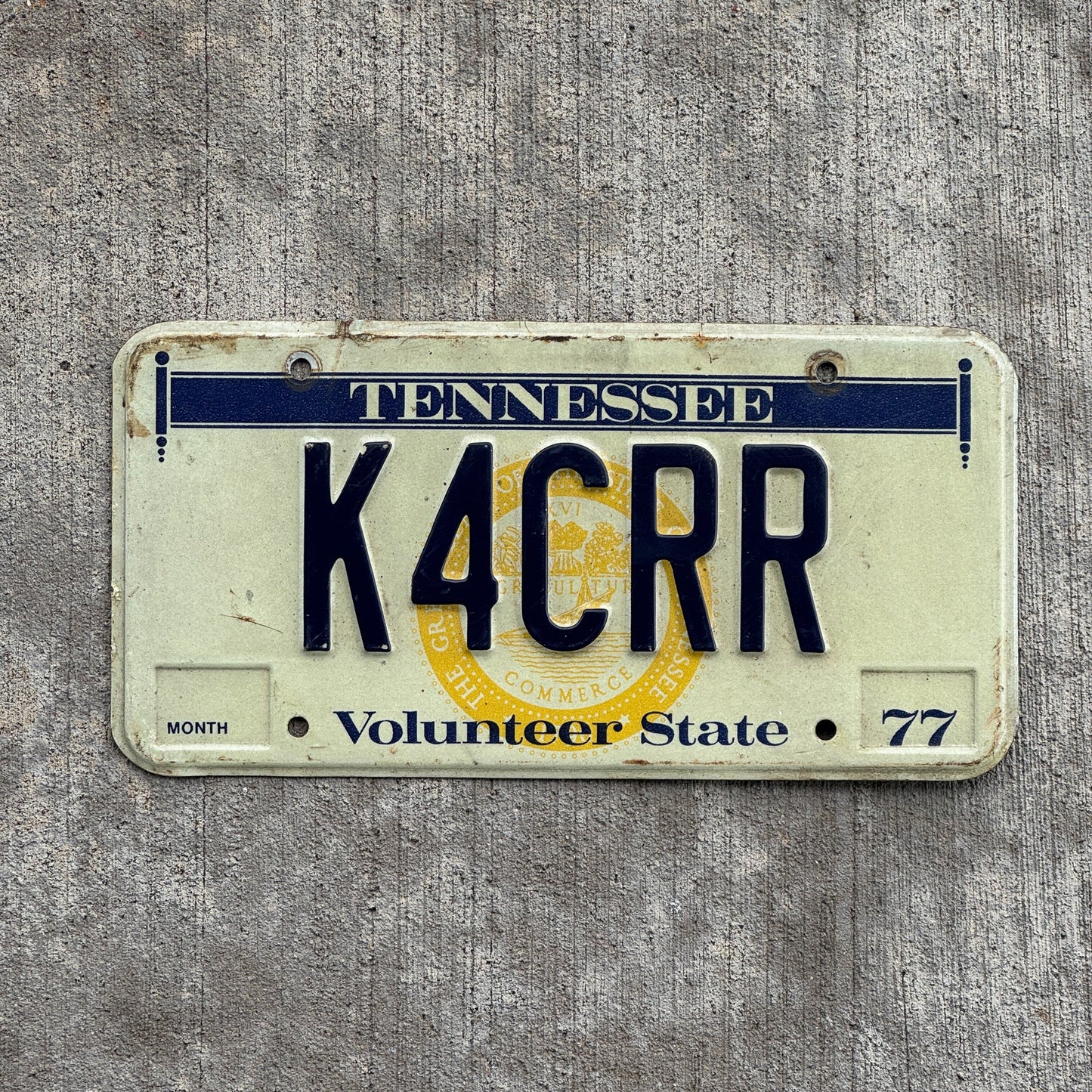 Photo of a 1977 Tennessee HAM Radio License Plate Auto Tag Garage Decor Vintage K4CRR with original patina