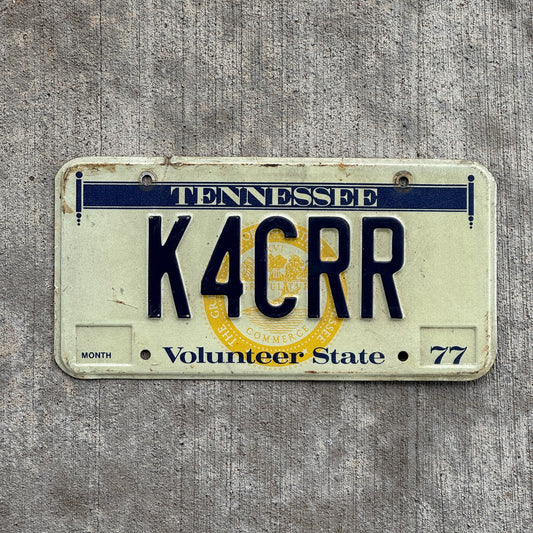 Photo of a 1977 Tennessee HAM Radio License Plate Auto Tag Garage Decor Vintage K4CRR with original patina