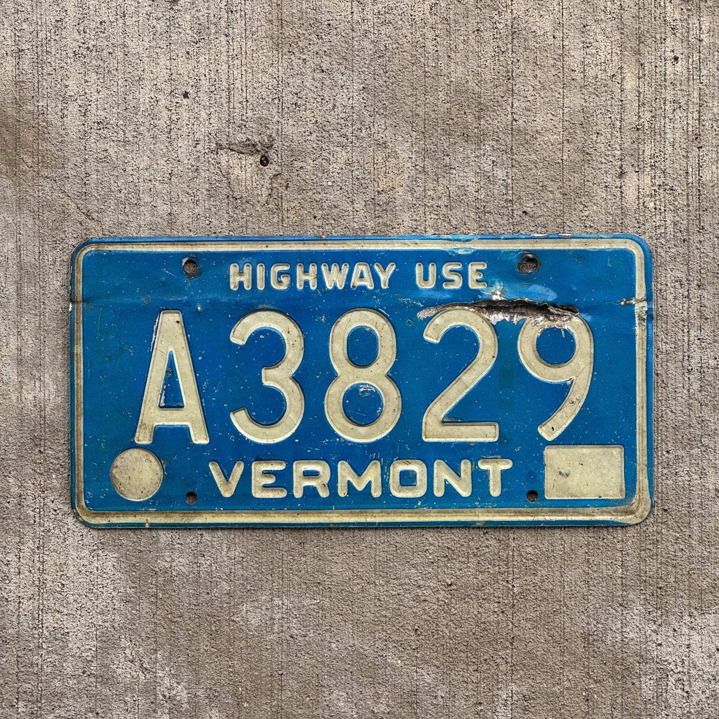 Photo of a 1977 Vermont Highway Use Permit License Plate Auto Tag Garage Decor Vintage A 3829 with original patina