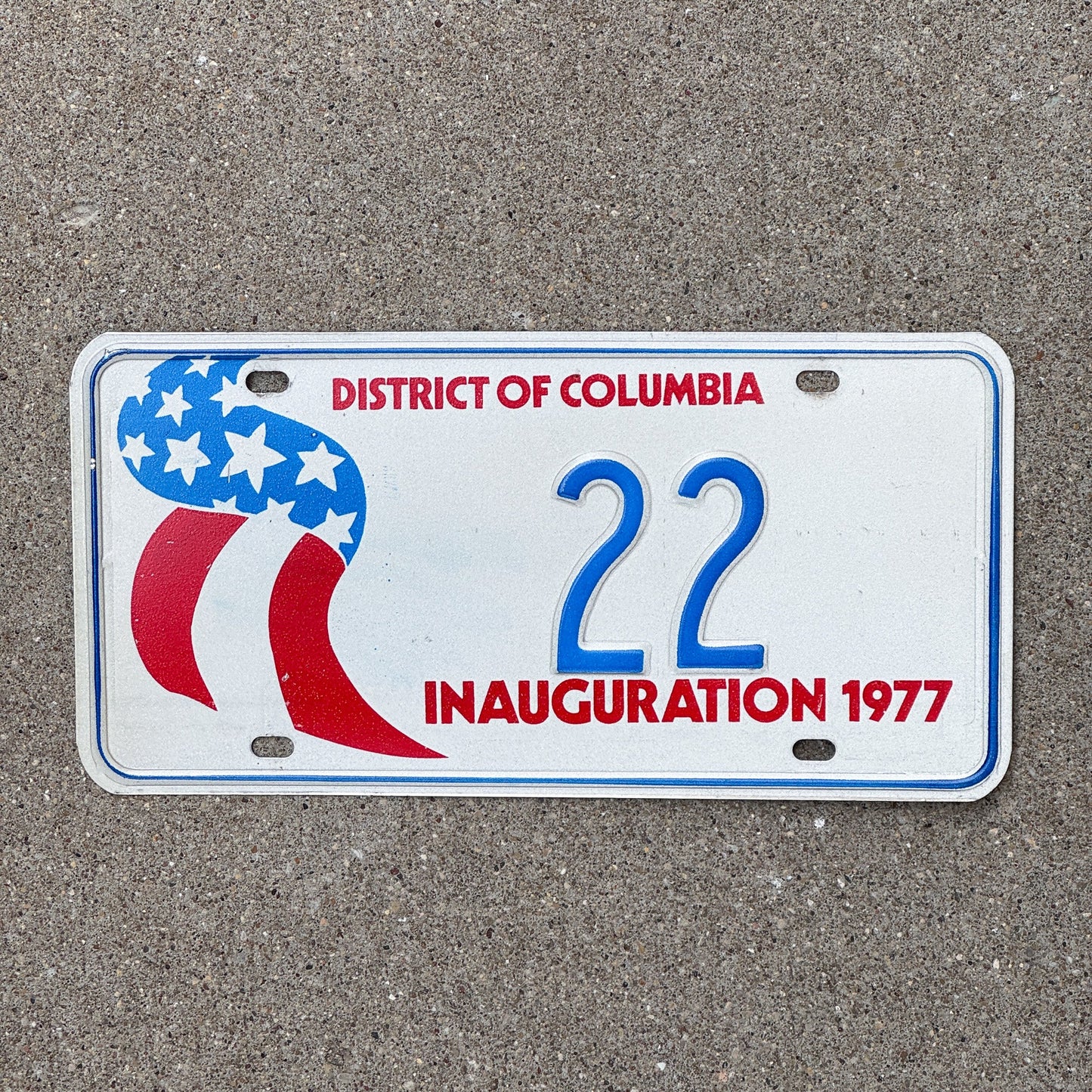 Photo of a 1977 Washington DC Inaugural License Plate Auto Tag Garage Decor Vintage Carter Politics Political Low Number Two Digit 22 with original patina