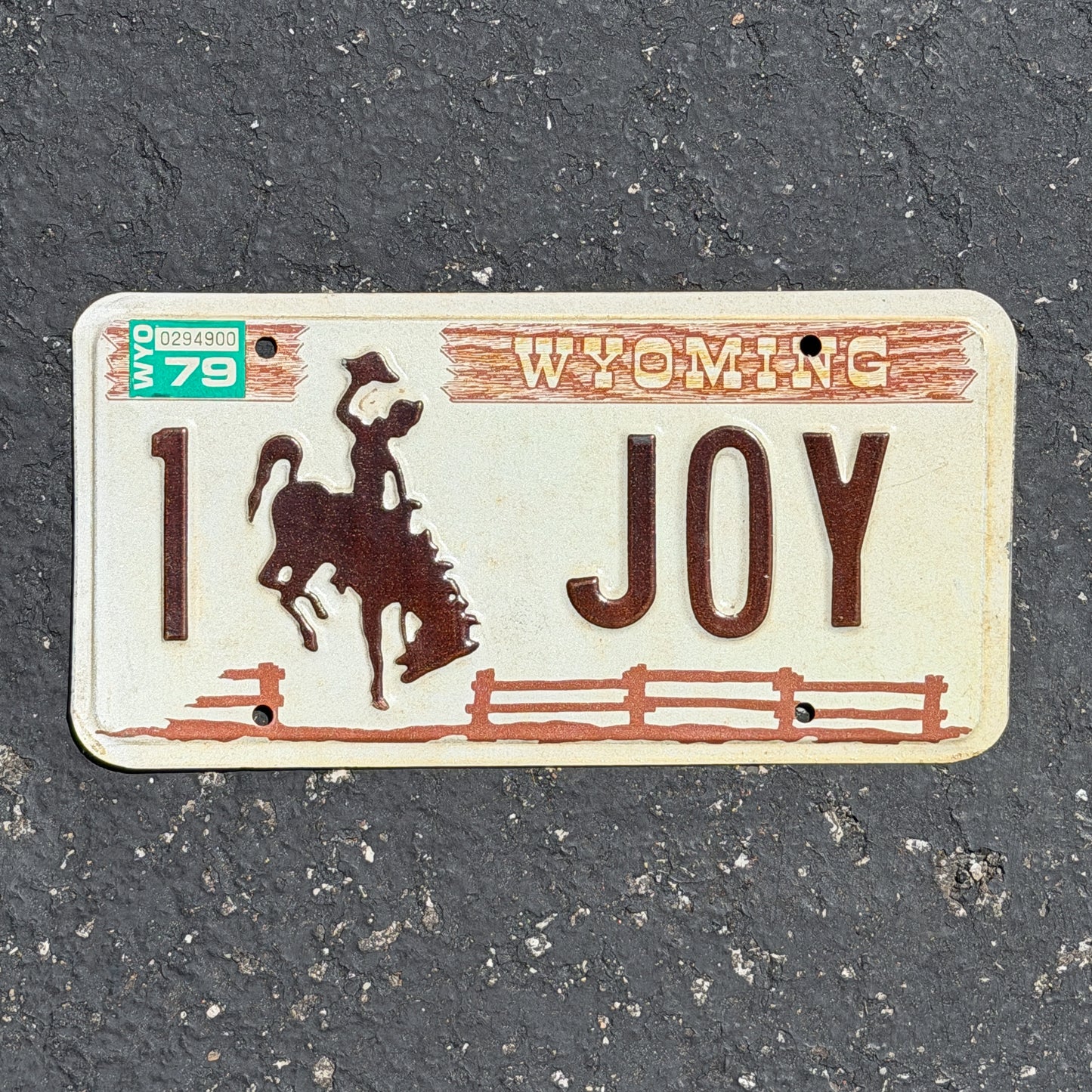 Photo of a 1978 1979 Wyoming Vanity License Plate Auto Tag Garage Decor Vintage Cowboy Rodeo 1 JOY with original patina