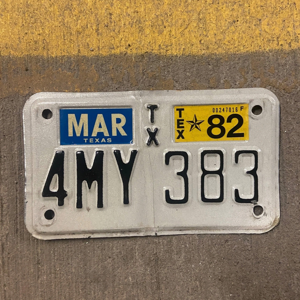 Photo of a 1978 1982 Texas Motorcycle License Plate Auto Tag Garage Decor Vintage 4 MY 383 with original patina