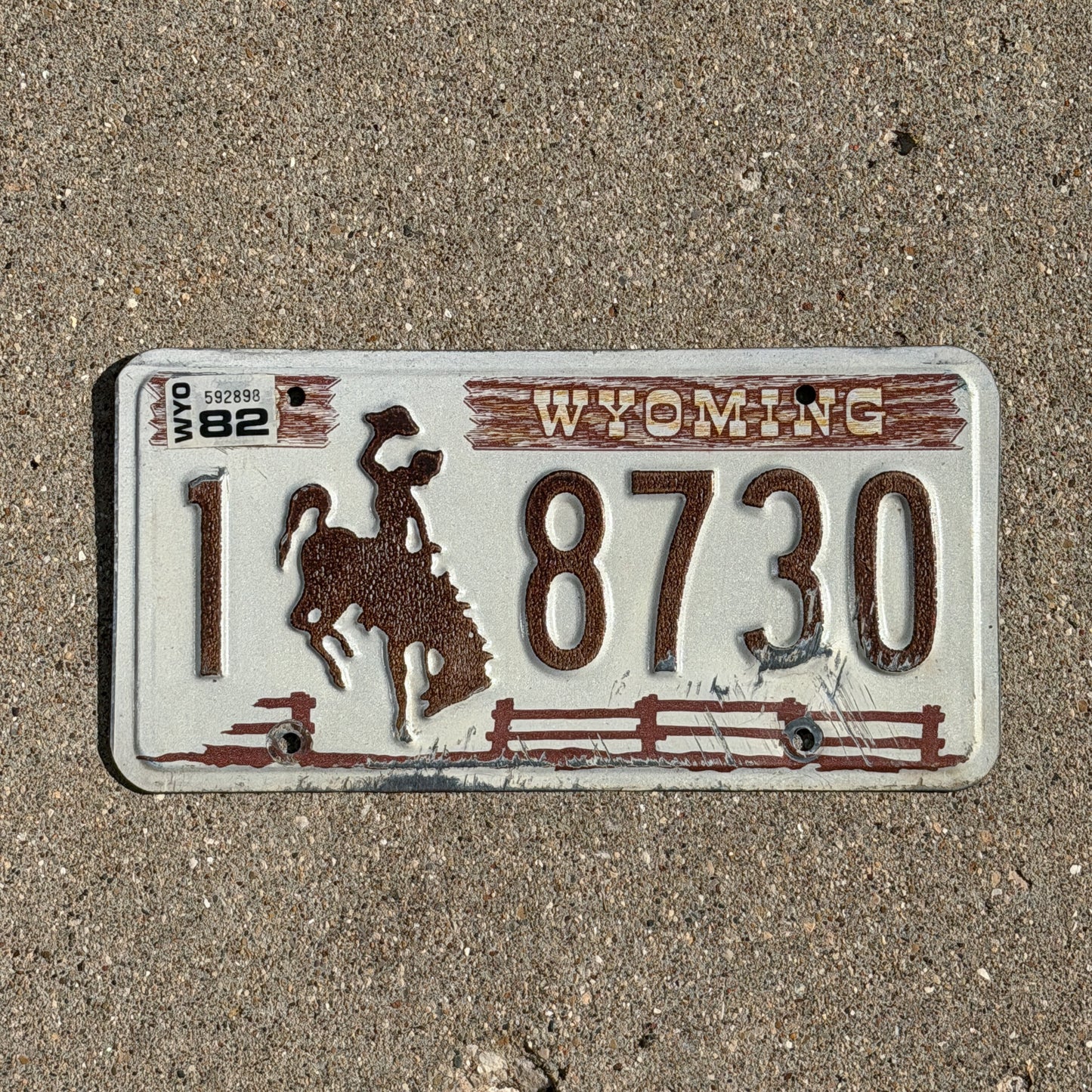 Photo of a 1978 1982 Wyoming License Plate Auto Tag Garage Decor Vintage Cowboy Rodeo 1 8730 with original patina