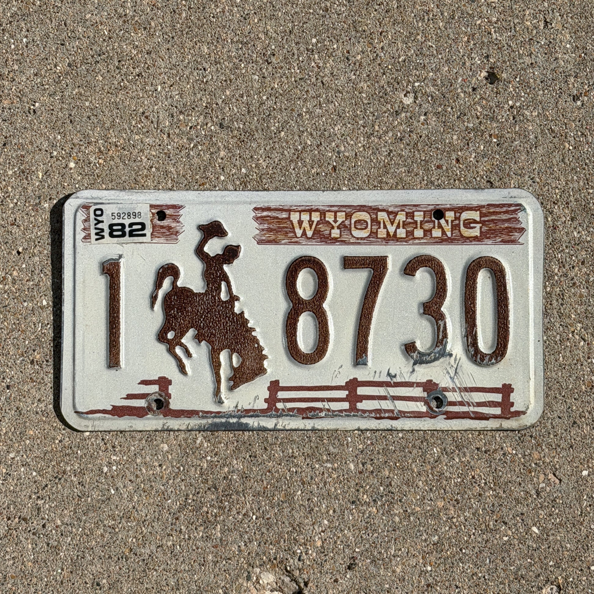 Photo of a 1978 1982 Wyoming License Plate Auto Tag Garage Decor Vintage Cowboy Rodeo 1 8730 with original patina