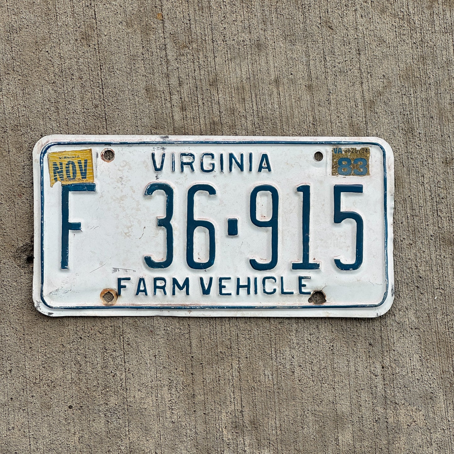 Photo of a 1978 1983 Virginia Farm License Plate Auto Tag 1 Vintage Garage F 36 915 with original patina