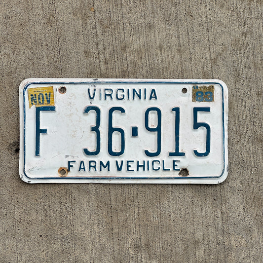 Photo of a 1978 1983 Virginia Farm License Plate Auto Tag 1 Vintage Garage F 36 915 with original patina