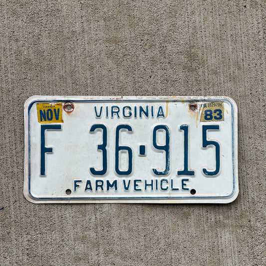 Photo of a 1978 1983 Virginia Farm License Plate Auto Tag 2 Vintage Garage F 36 915 with original patina