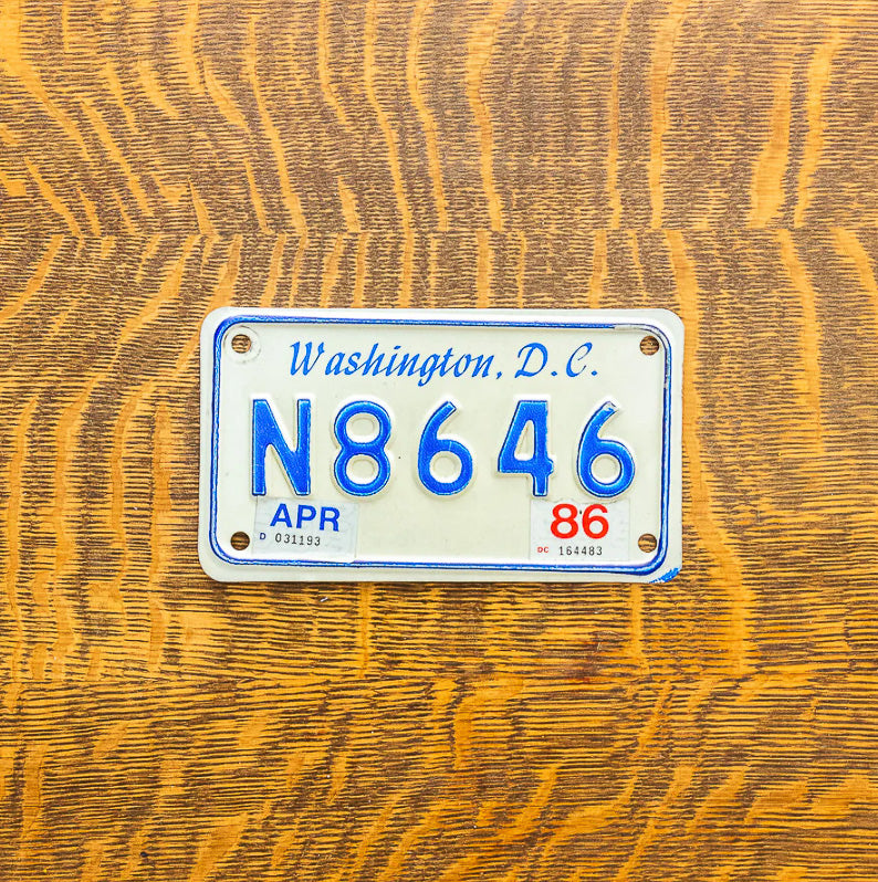 Photo of a 1978 1986 Washington DC Motorcycle License Plate Auto Tag Garage Decor Vintage N 8646 with original patina