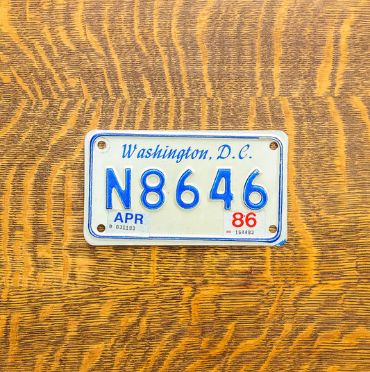 Photo of a 1978 1986 Washington DC Motorcycle License Plate Auto Tag Garage Decor Vintage N 8646 with original patina