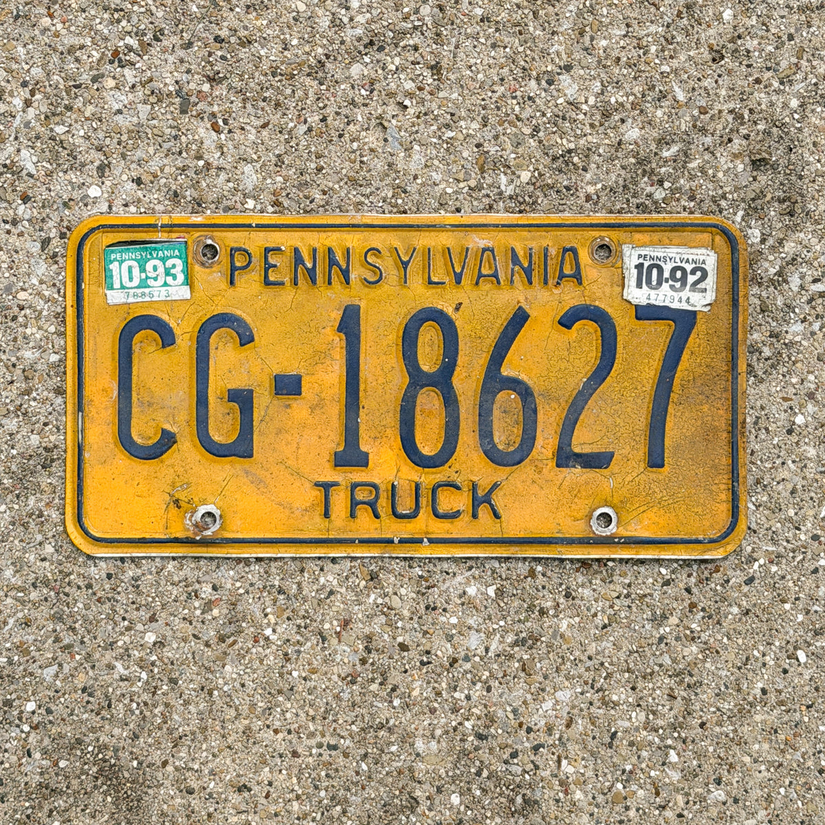 Photo of a 1978 1993 Pennsylvania Truck License Plate Auto Tag Garage Decor Vintage CG 18627 with original patina