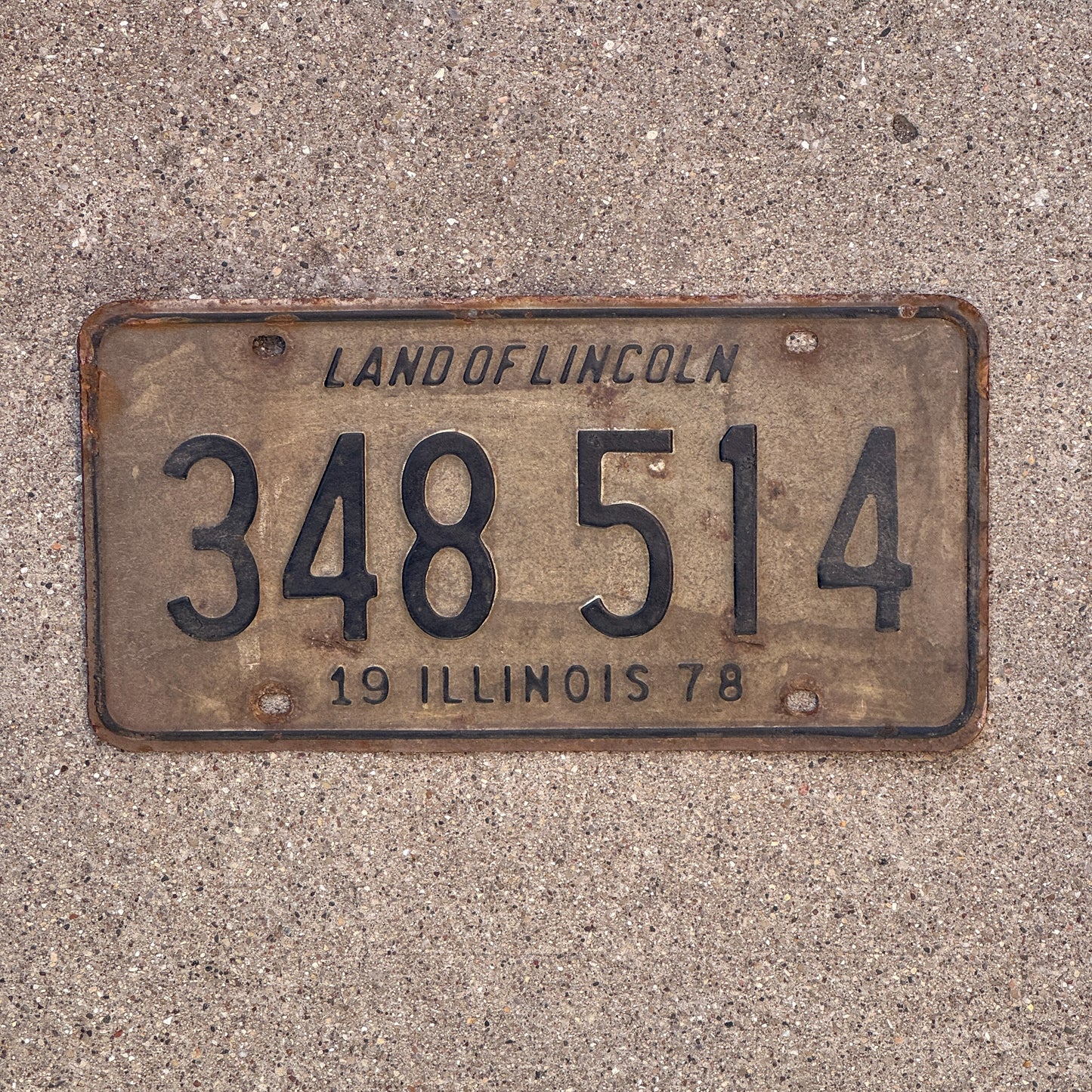 Photo of a 1978 Illinois License Plate Auto Tag 1 Vintage Garage 348 514 with original patina