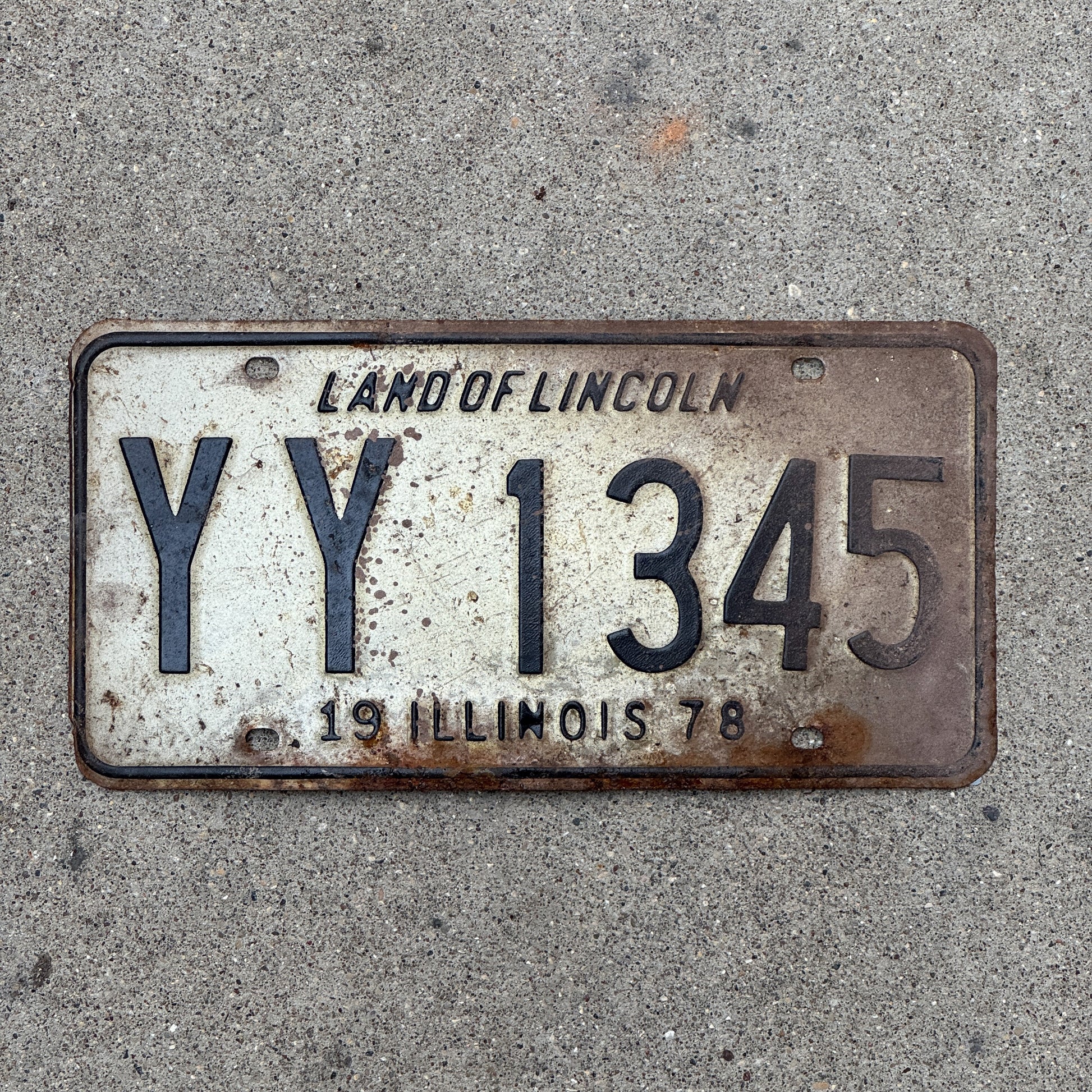 Photo of a 1978 Illinois License Plate Auto Tag 1 Vintage Garage YY 1345 with original patina