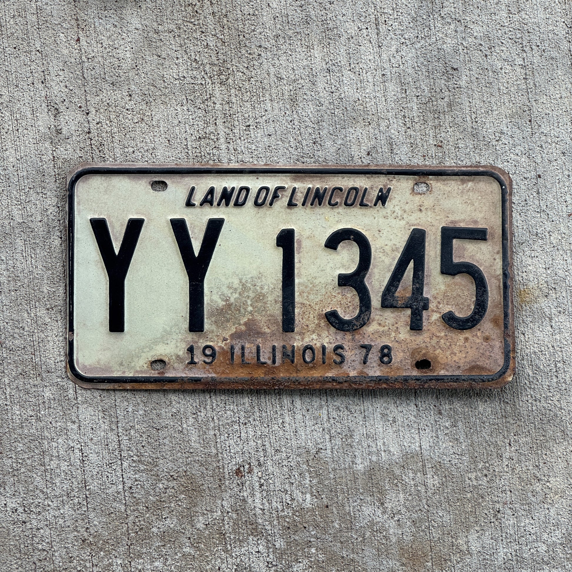 Photo of a 1978 Illinois License Plate Auto Tag 2 Vintage Garage YY 1345 with original patina