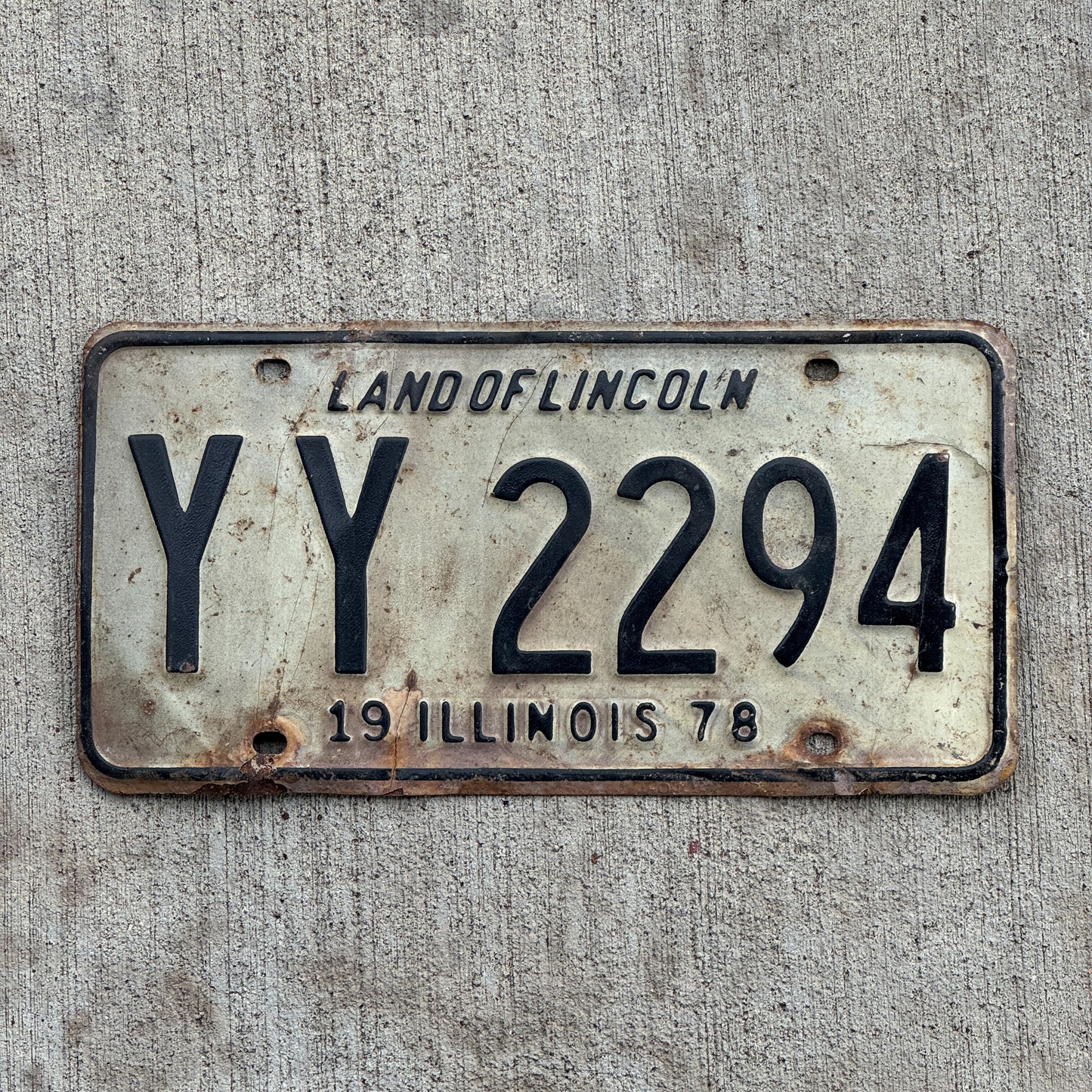 Photo of a 1978 Illinois License Plate Auto Tag 2 Vintage Garage YY 2294 with original patina