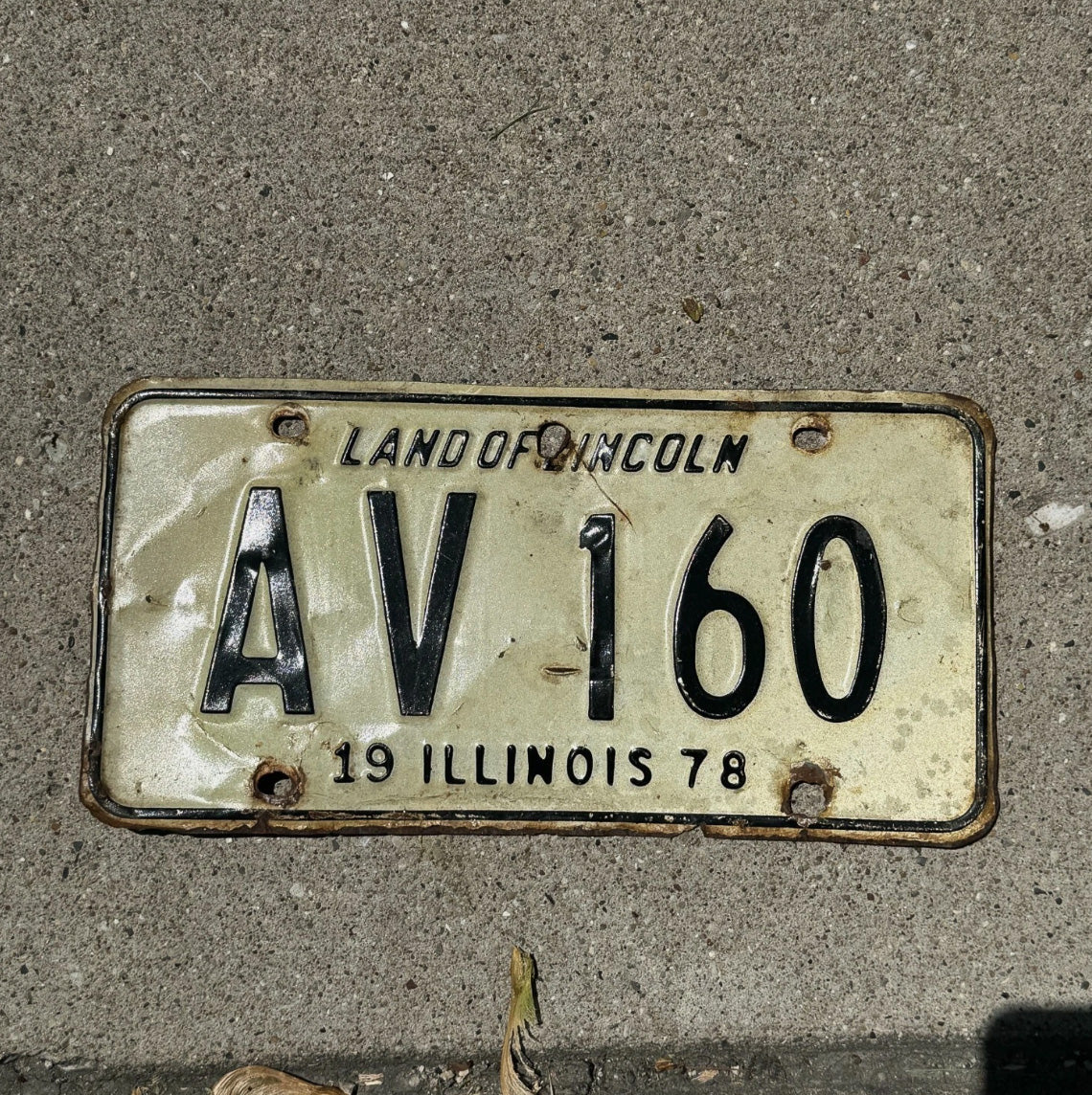 Photo of a 1978 Illinois License Plate Auto Tag Garage Decor Vintage Initials Name AV 160