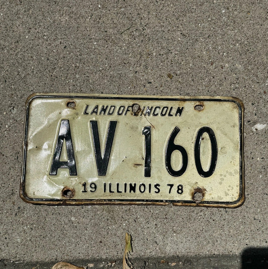 Photo of a 1978 Illinois License Plate Auto Tag Garage Decor Vintage Initials Name AV 160