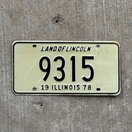 Photo of a 1978 Illinois License Plate Auto Tag Garage Decor Vintage Low Number Four Digit 9315 with original patina