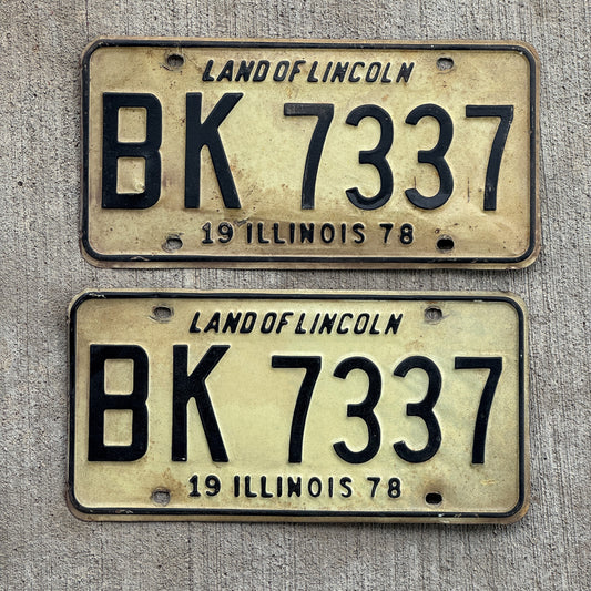 Photo of a 1978 Illinois License Plate Pair Auto Tag Garage Decor Vintage BK 7337 with original patina