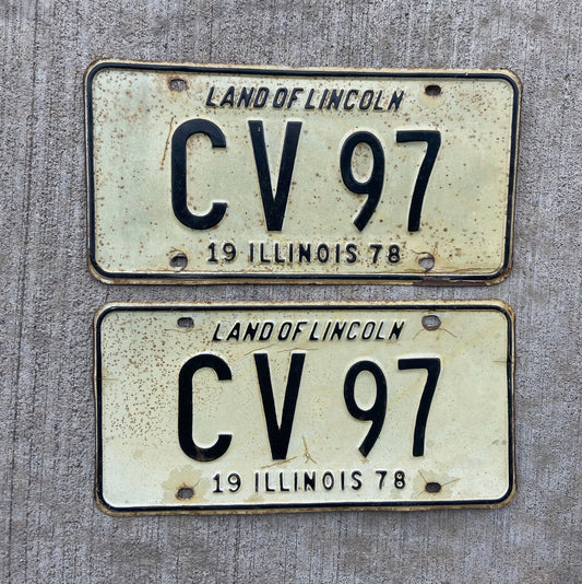 Photo of a 1978 Illinois License Plate Pair Auto Tag Garage Decor Vintage CV 97 with original patina