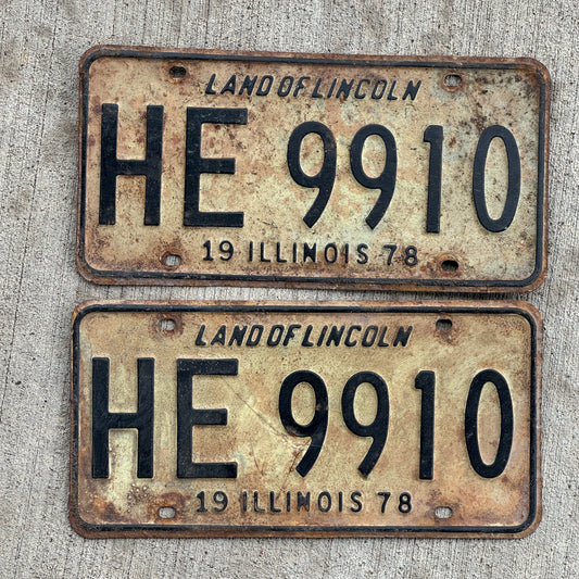 Photo of a 1978 Illinois License Plate Pair Auto Tag Garage Decor Vintage HE 9910 with original patina
