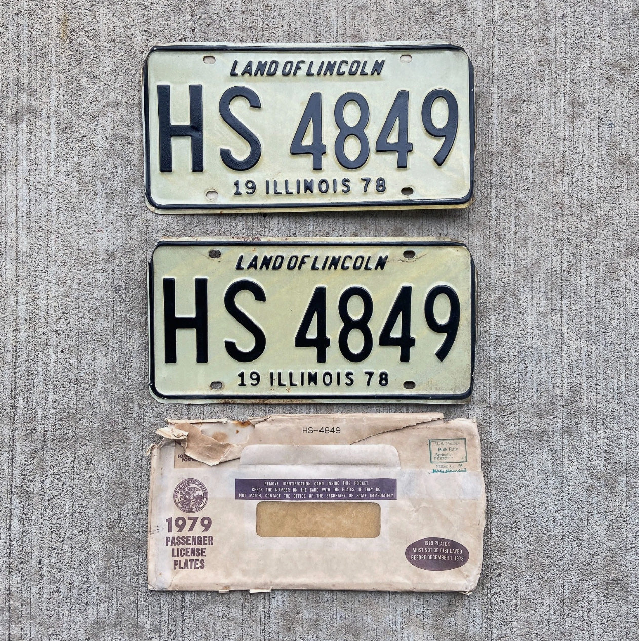 Photo of a 1978 Illinois License Plate Pair Auto Tag Garage Decor Vintage HS 4849 with original patina