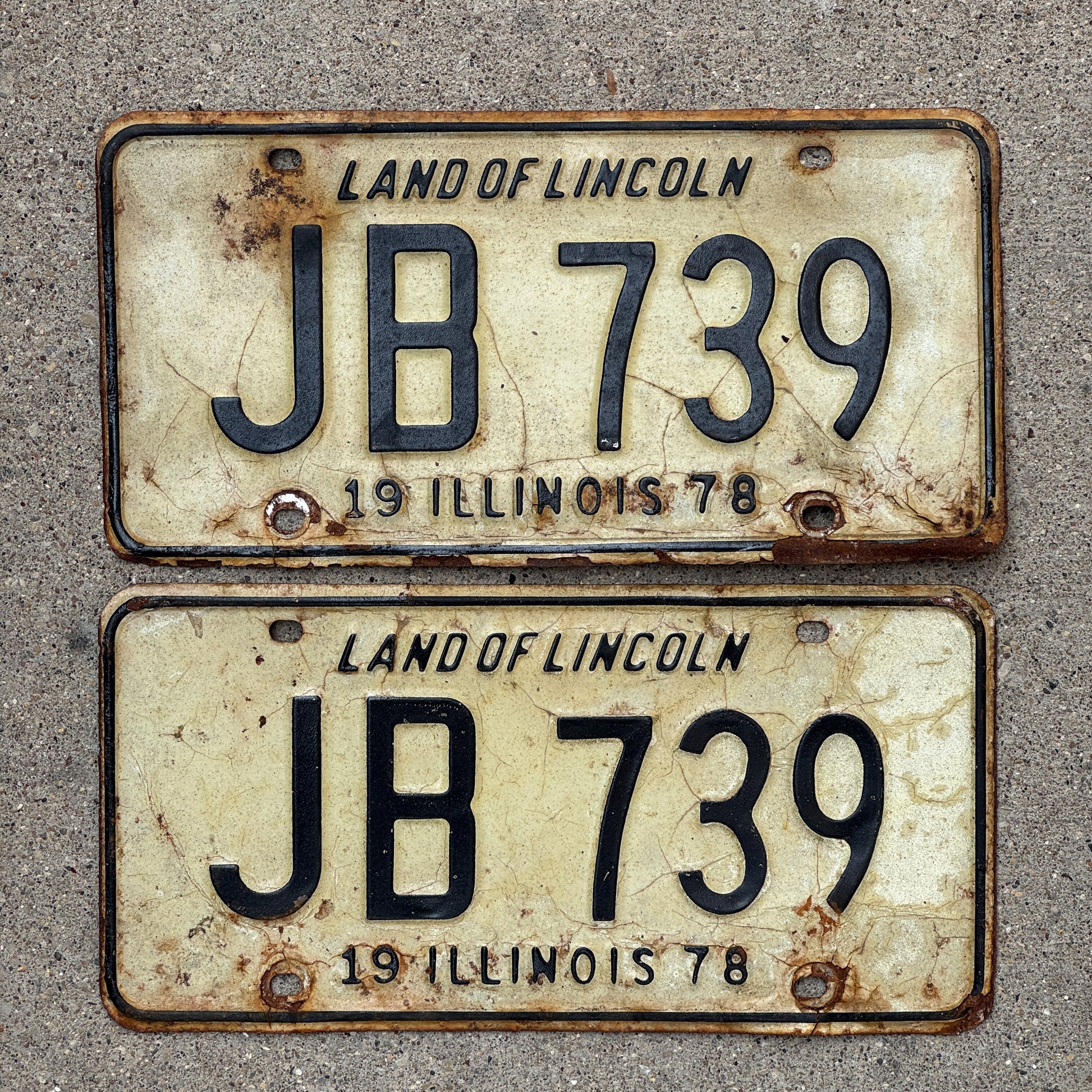 Photo of a 1978 Illinois License Plate Pair Auto Tag Garage Decor Vintage JB 739 with original patina