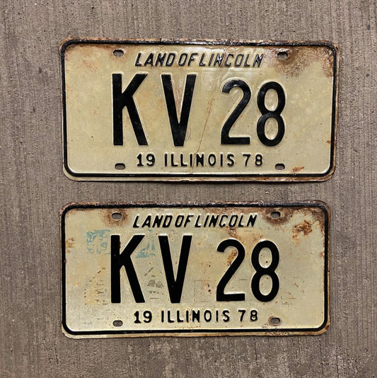 Photo of a 1978 Illinois License Plate Pair Auto Tag Garage Decor Vintage KV 28 with original patina